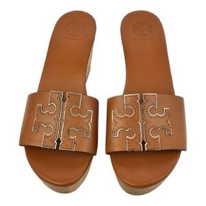 Tory Burch Ines Tan Brown Leather Logo Slide Sandals 8